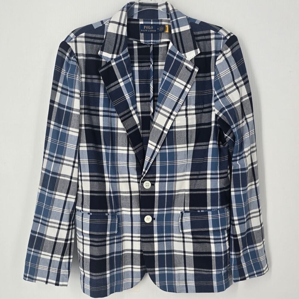 Polo Ralph Lauren Plaid Cotton Unlined 2 Button Blazer Blue White Size 12